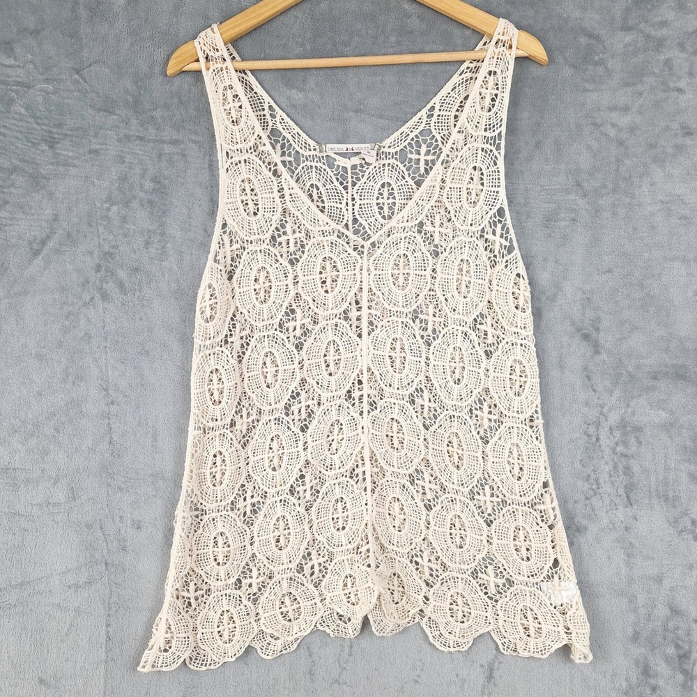 Womens Top Medium Boho Festival Sheer Crochet Lace Fairy Beach Coastal Open Knit